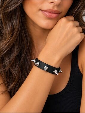 Unisex Black Punk Spike Bracelet Rivet  Bangle Vegan Leather Goth 8.5 9.5 Inch